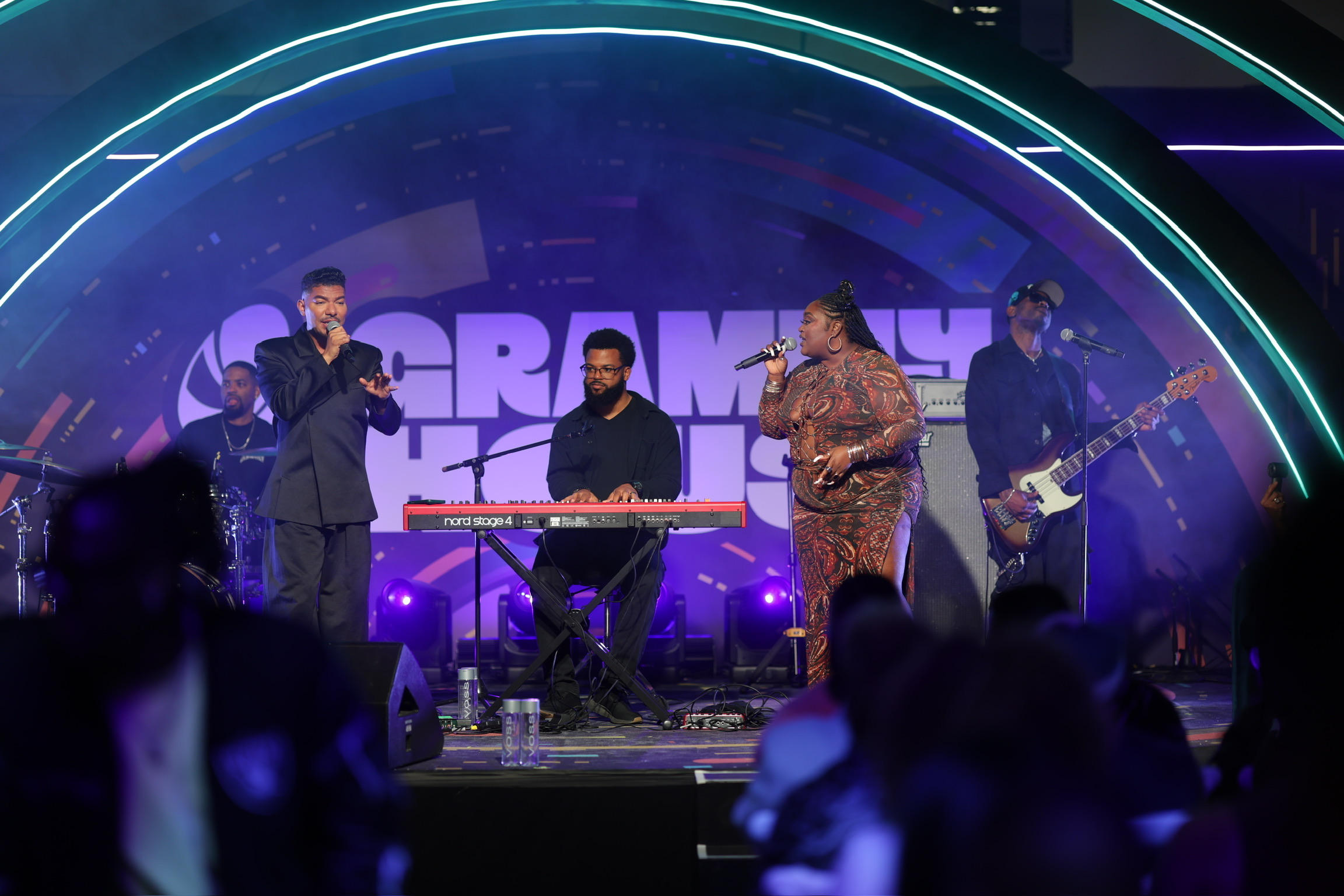 Stevie Mackey performing live with the band at the Grammy House
